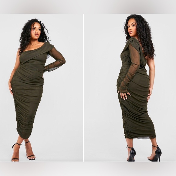 Boohoo Olive Green Mesh One Shoulder Ruched Midi Dress Date Night Forest Green - Picture 2 of 3